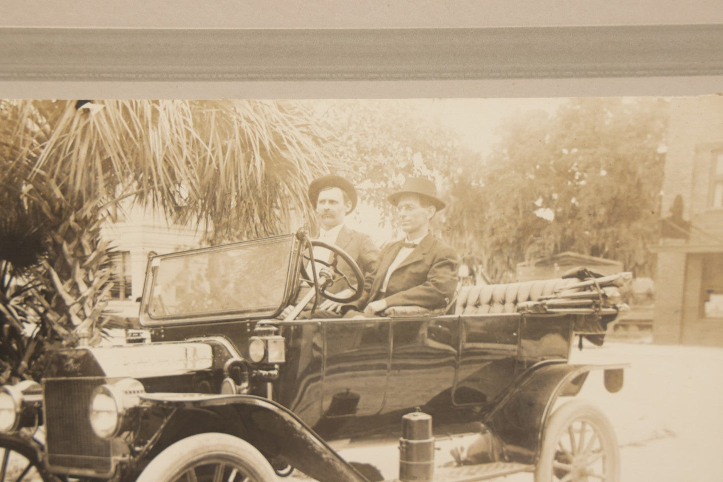 Lot 126 - Antique Boarded Photograph Of Two Gentlemen In Fedoras Seated In Early Automobile, Likely Circa 1916 Ford Model T