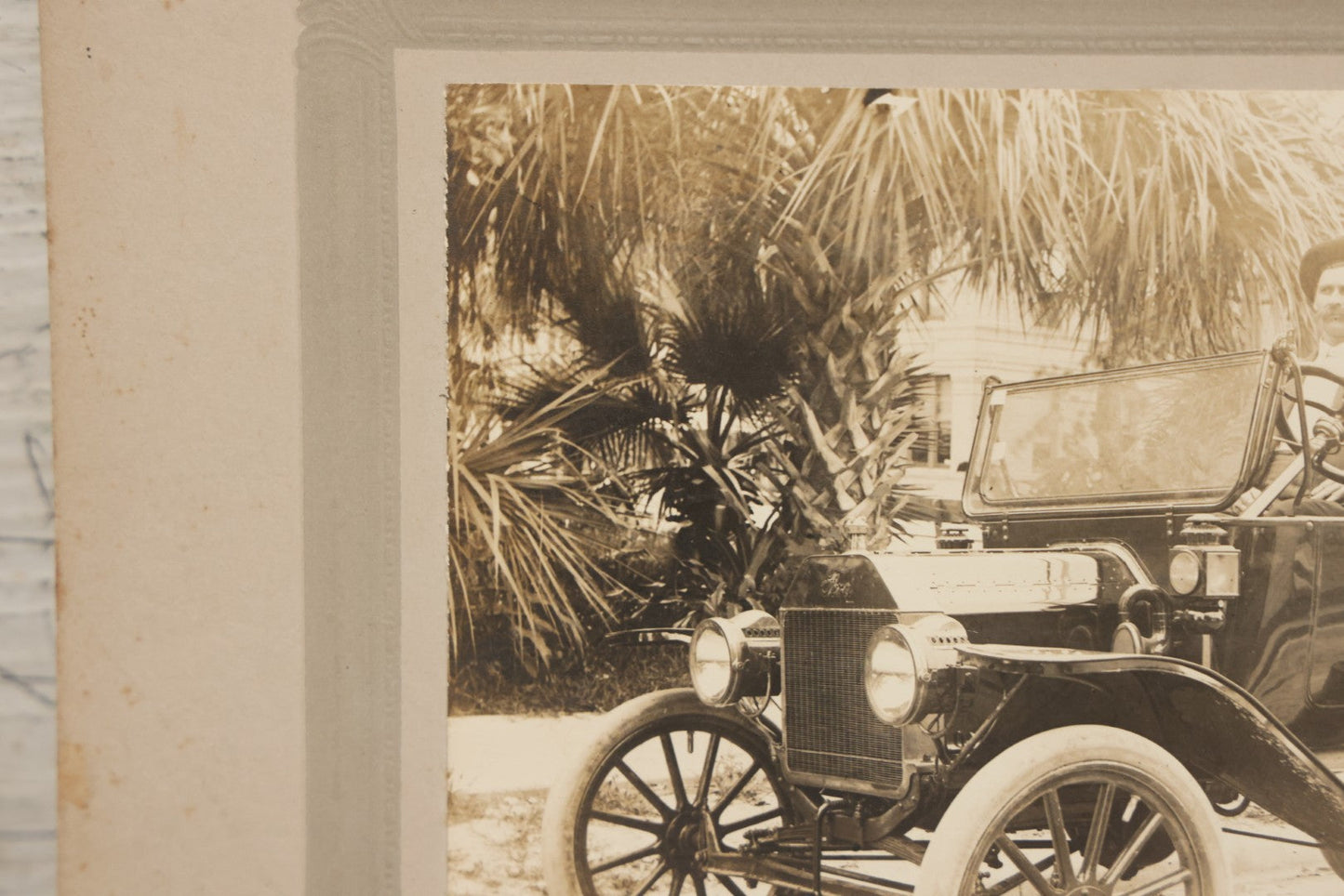 Lot 126 - Antique Boarded Photograph Of Two Gentlemen In Fedoras Seated In Early Automobile, Likely Circa 1916 Ford Model T