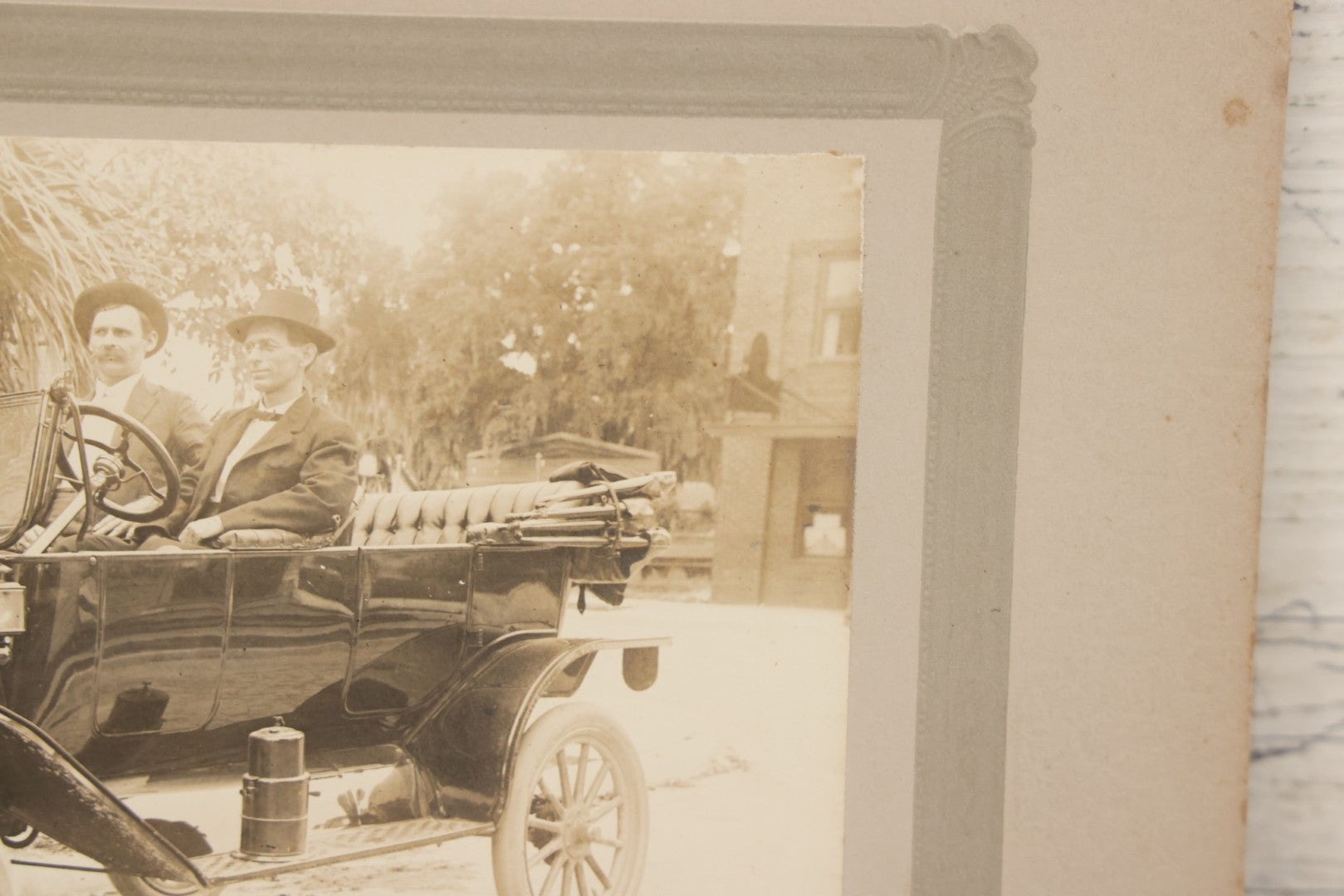 Lot 126 - Antique Boarded Photograph Of Two Gentlemen In Fedoras Seated In Early Automobile, Likely Circa 1916 Ford Model T