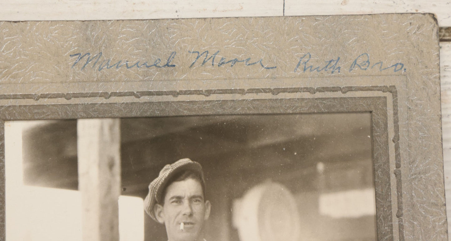 Lot 127 - Vintage Occupational Photograph In Paper Slip Frame Of Gas Station Attendant Emmanuel "Manuel" Moore Enjoying A Cigarette, Photo Labeled Ruth Pond
