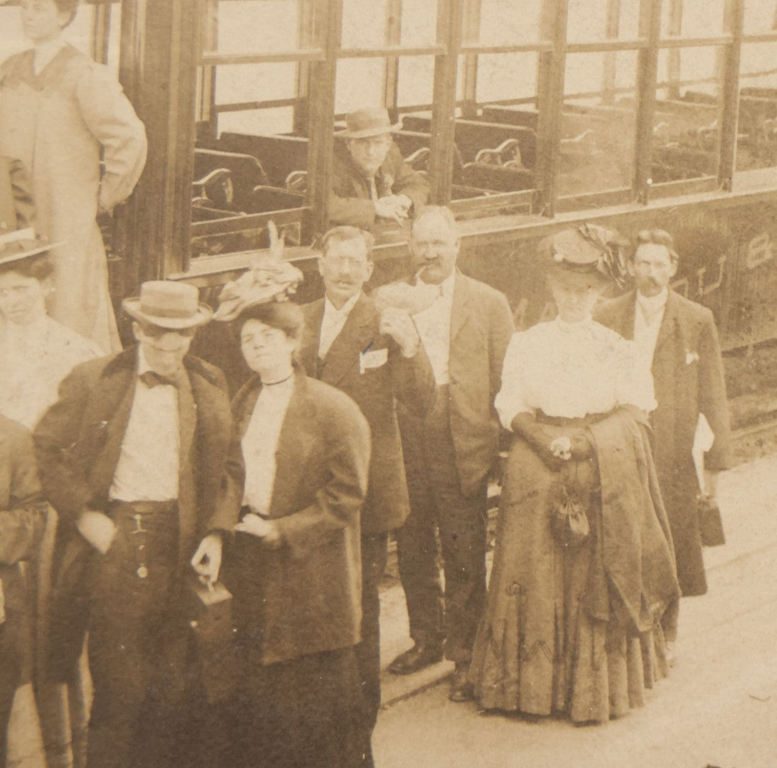 Lot 129 - Antique Boarded Souvenir Photograph Of Travelers Beside Rail Car On The Manitou & Pike's Peak Cog Railway, Rocky Mountains, Colorado, Photo By J.G. Hiestand, Official Photographer, Dated 1907