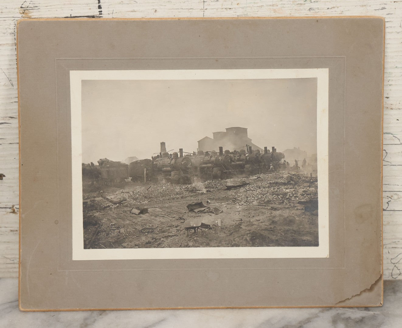 Lot 130 - Antique Boarded Photograph Of Dilapidated Train Depot With Many Locomotives And Workers Visible, Industrial Wasteland