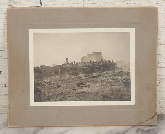 Lot 130 - Antique Boarded Photograph Of Dilapidated Train Depot With Many Locomotives And Workers Visible, Industrial Wasteland