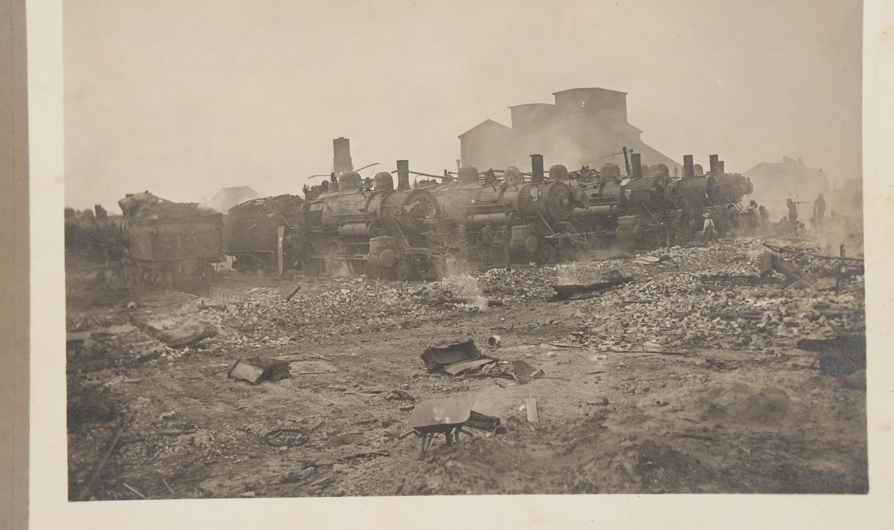 Lot 130 - Antique Boarded Photograph Of Dilapidated Train Depot With Many Locomotives And Workers Visible, Industrial Wasteland