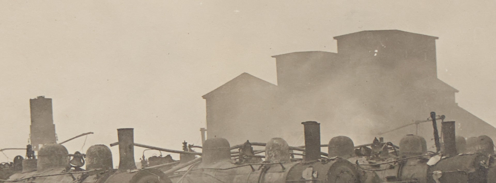 Lot 130 - Antique Boarded Photograph Of Dilapidated Train Depot With Many Locomotives And Workers Visible, Industrial Wasteland