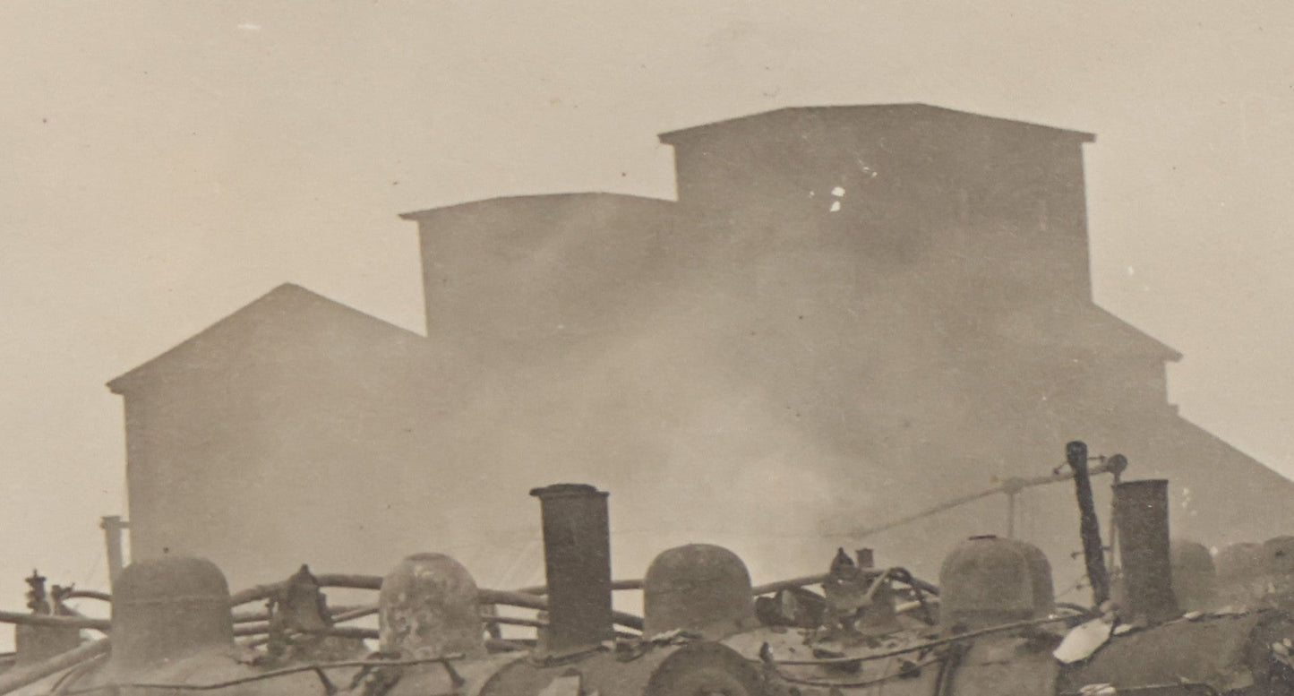 Lot 130 - Antique Boarded Photograph Of Dilapidated Train Depot With Many Locomotives And Workers Visible, Industrial Wasteland