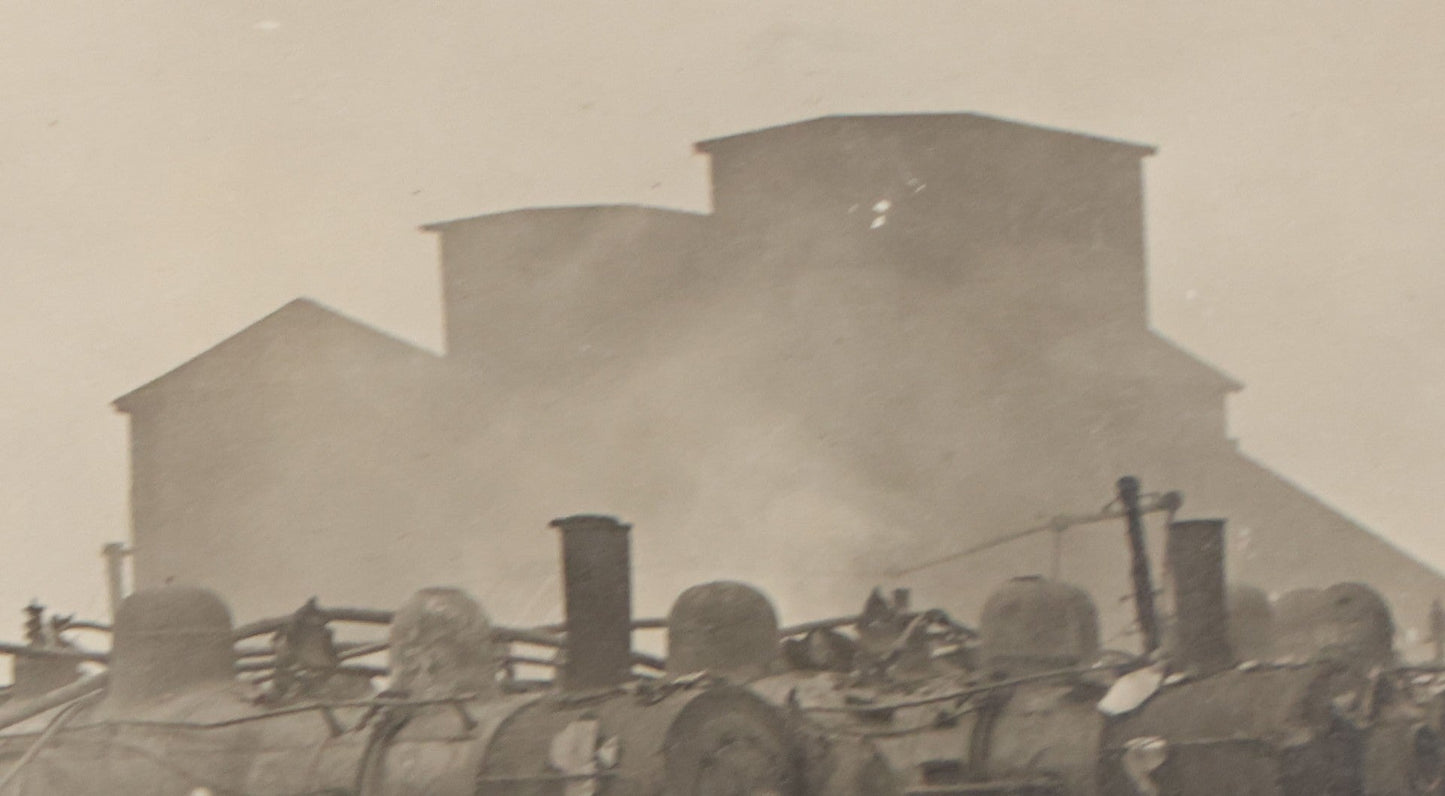 Lot 130 - Antique Boarded Photograph Of Dilapidated Train Depot With Many Locomotives And Workers Visible, Industrial Wasteland