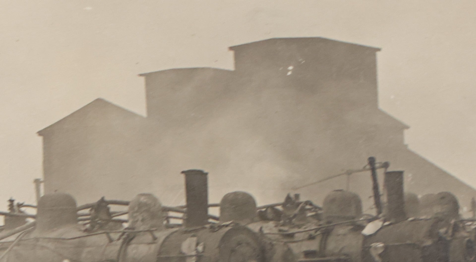 Lot 130 - Antique Boarded Photograph Of Dilapidated Train Depot With Many Locomotives And Workers Visible, Industrial Wasteland