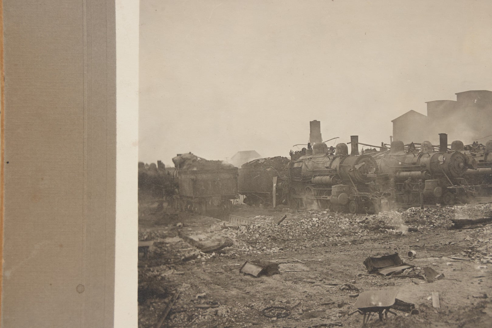 Lot 130 - Antique Boarded Photograph Of Dilapidated Train Depot With Many Locomotives And Workers Visible, Industrial Wasteland