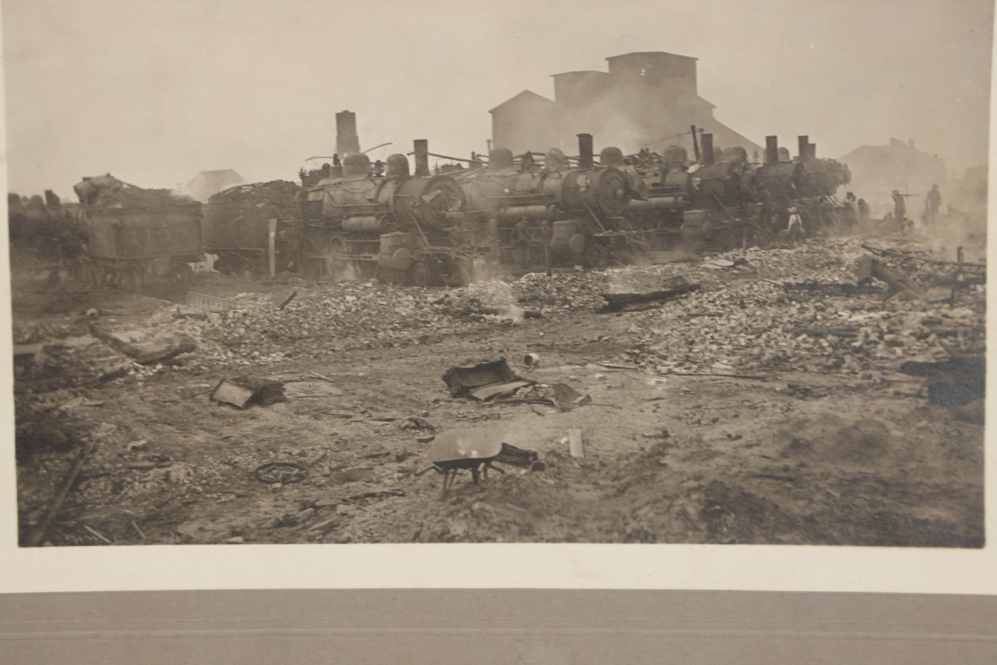 Lot 130 - Antique Boarded Photograph Of Dilapidated Train Depot With Many Locomotives And Workers Visible, Industrial Wasteland