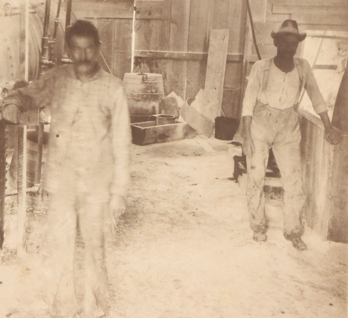Lot 134 - Antique Boarded Occupational Photograph Of Two Filthy Workers Tending To An Industrial Boiler, Faint Pen Writing Indicates Date Of 1901-1902 And Other Information