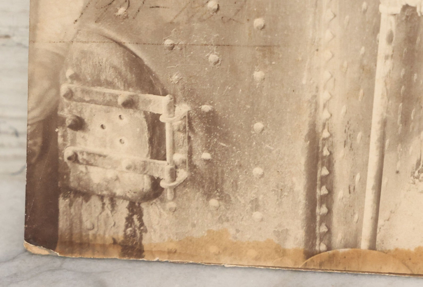 Lot 134 - Antique Boarded Occupational Photograph Of Two Filthy Workers Tending To An Industrial Boiler, Faint Pen Writing Indicates Date Of 1901-1902 And Other Information