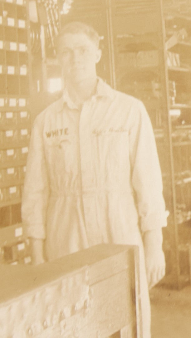Lot 135 - Antique Boarded Occupational Photograph Of Two Workers In Embroidered Coveralls Working In A Parts Shop 