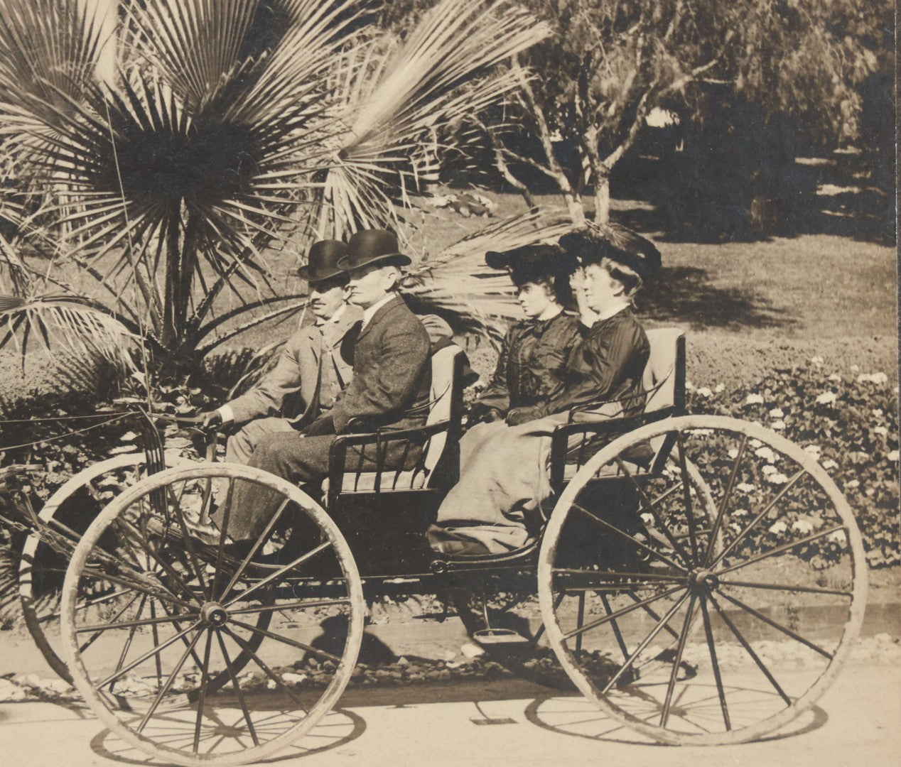 Lot 143 - Antique Boarded Photograph Of Two Men And Two Women Sitting In Horse Drawn Cart Pulled By A Black Horse In Westlake Park, Los Angeles, California