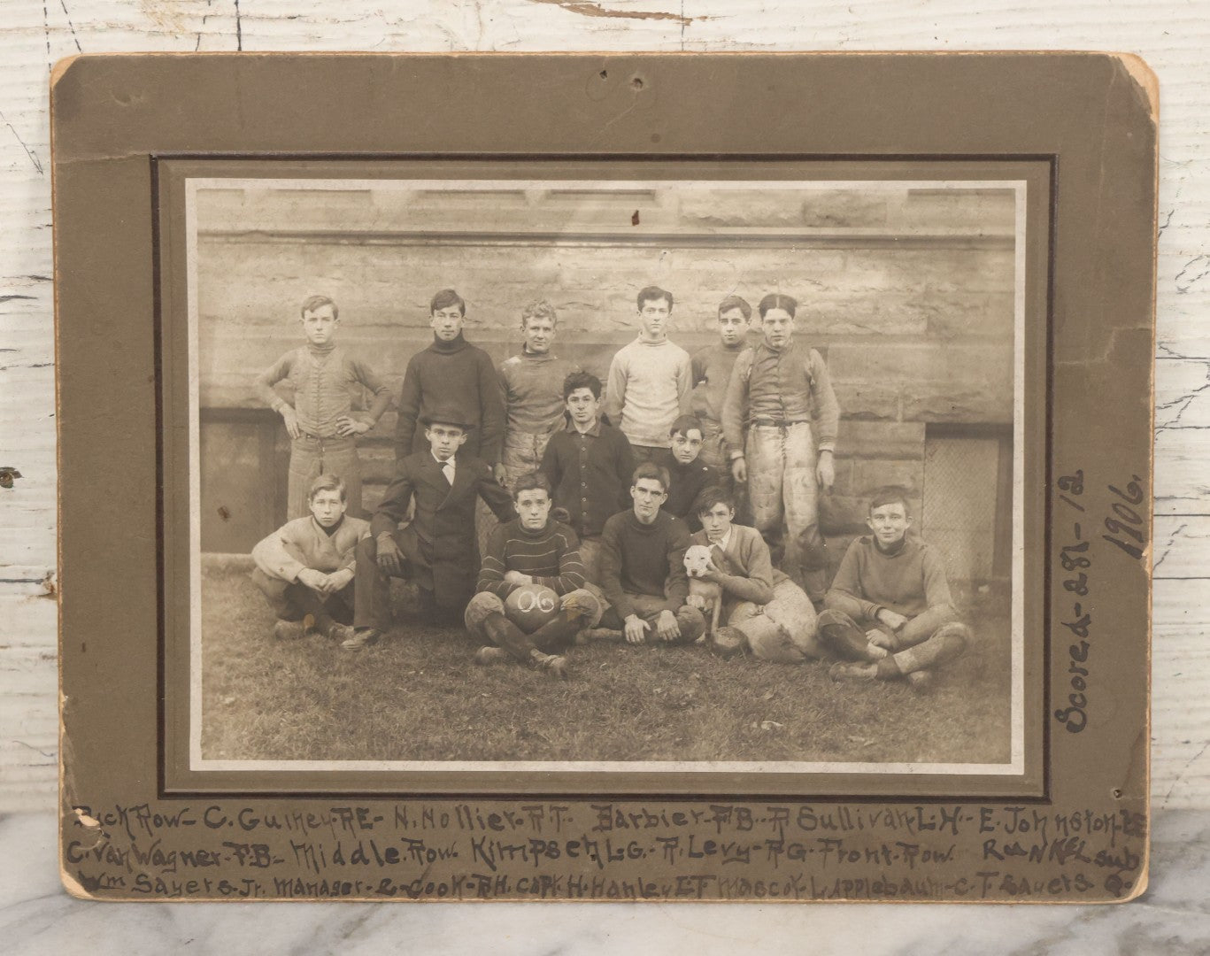 Lot 147 - Antique Boarded Photograph Of Early American Football Team Posing With Their White Pitbull Dog, With Score Information, Photo Taken In 1906 With Detailed Identification