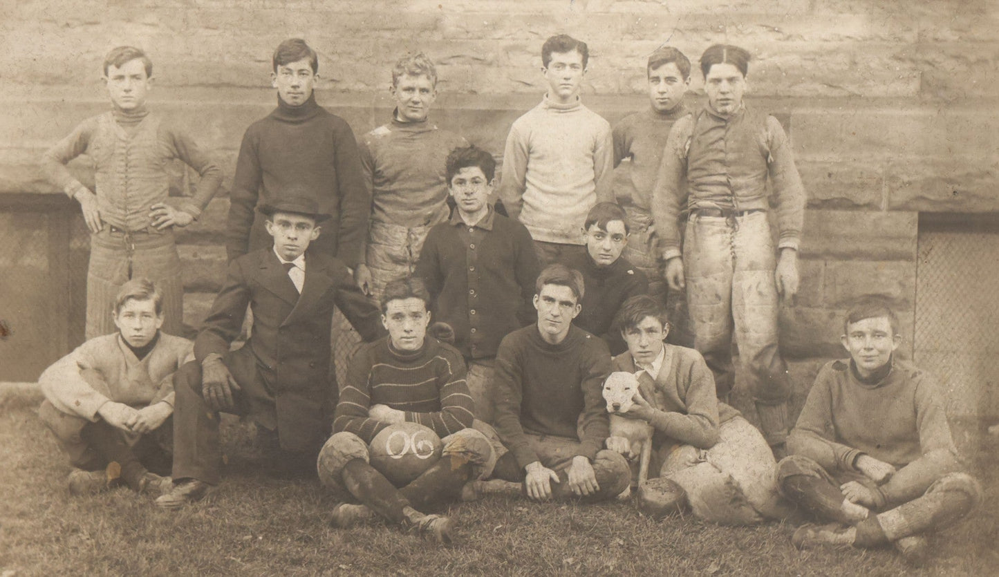 Lot 147 - Antique Boarded Photograph Of Early American Football Team Posing With Their White Pitbull Dog, With Score Information, Photo Taken In 1906 With Detailed Identification