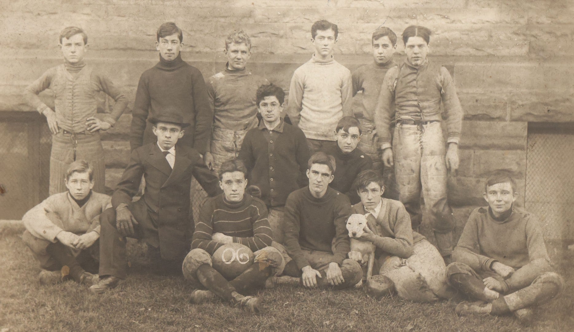 Lot 147 - Antique Boarded Photograph Of Early American Football Team Posing With Their White Pitbull Dog, With Score Information, Photo Taken In 1906 With Detailed Identification