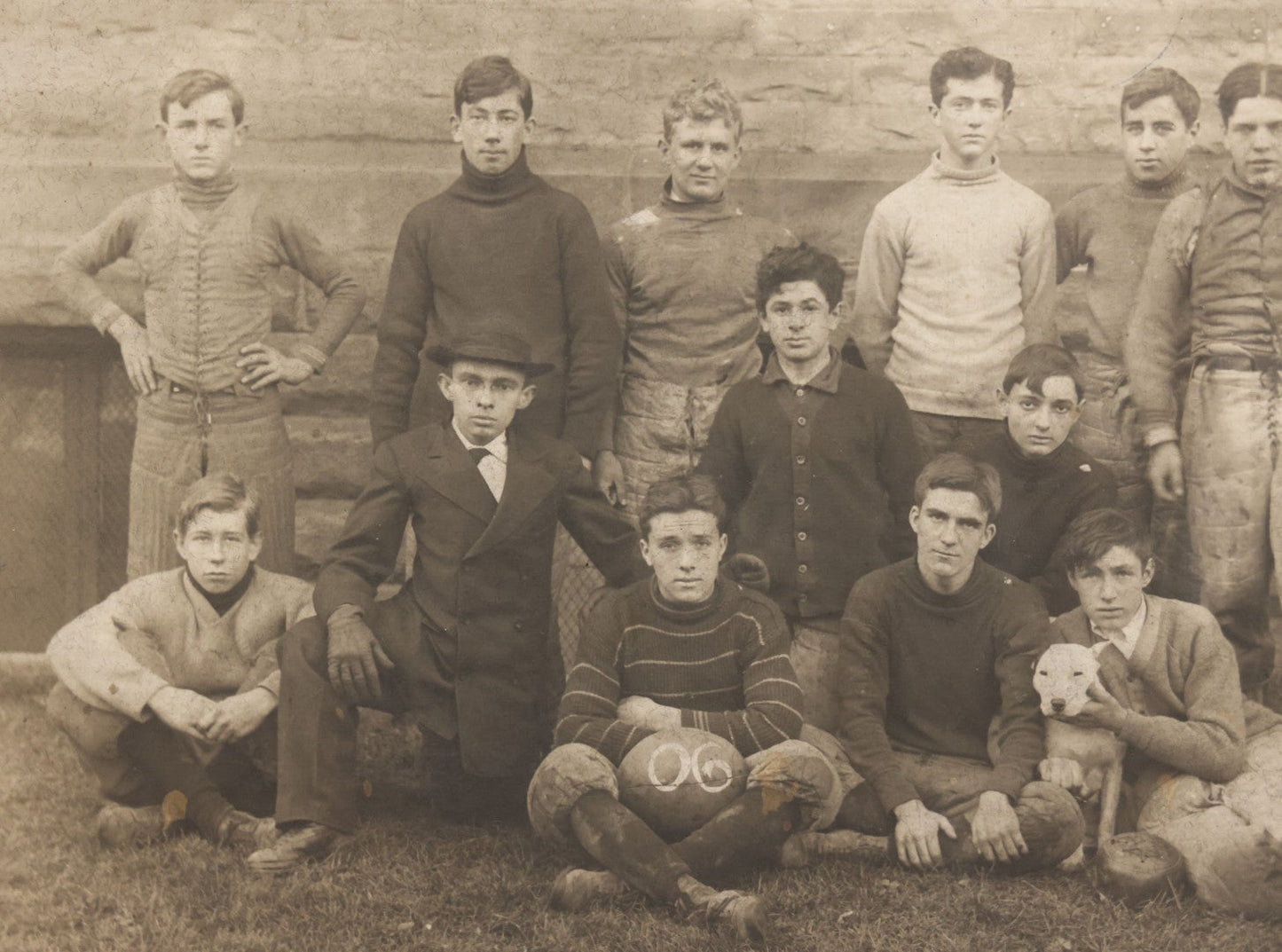 Lot 147 - Antique Boarded Photograph Of Early American Football Team Posing With Their White Pitbull Dog, With Score Information, Photo Taken In 1906 With Detailed Identification