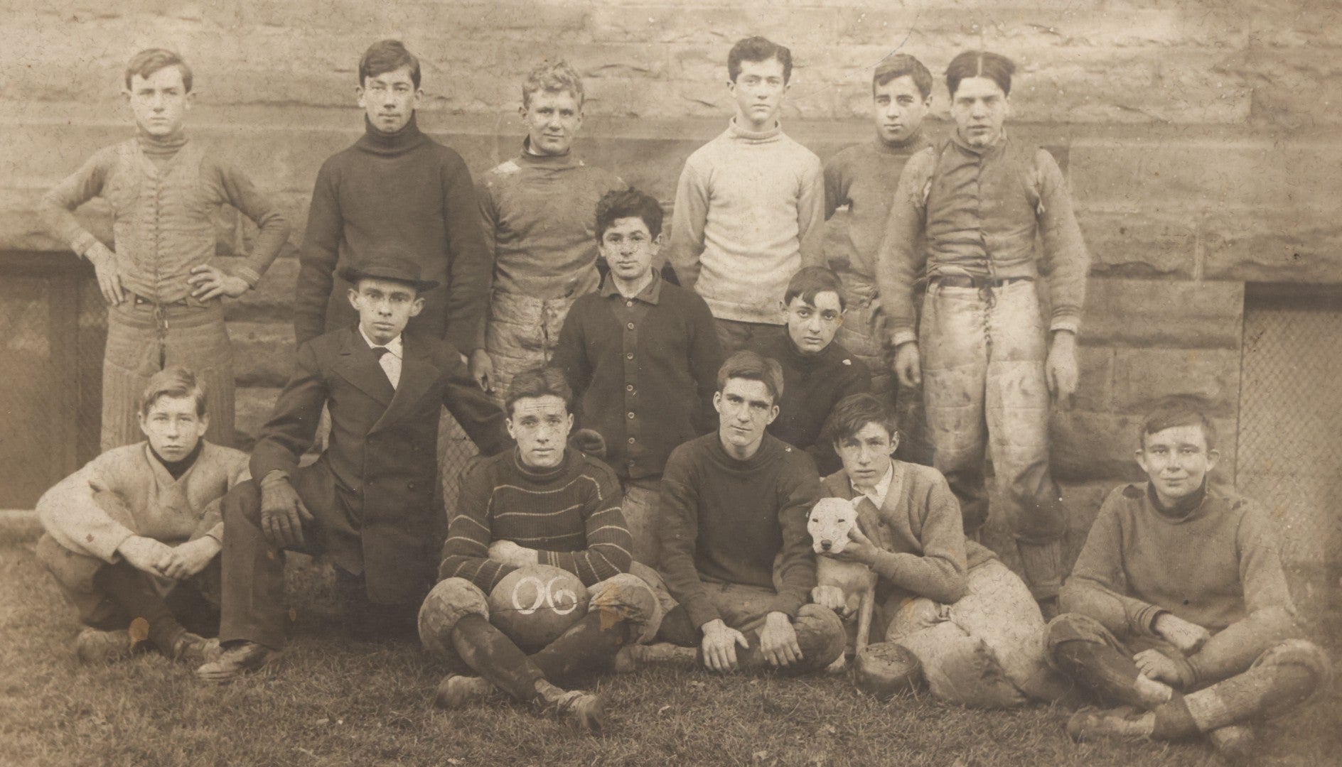 Lot 147 - Antique Boarded Photograph Of Early American Football Team Posing With Their White Pitbull Dog, With Score Information, Photo Taken In 1906 With Detailed Identification