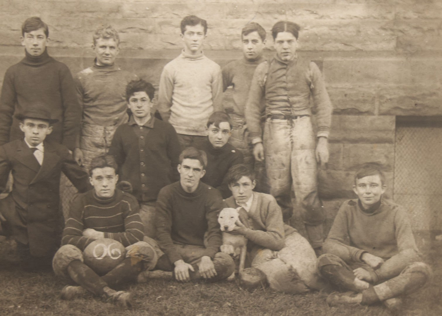 Lot 147 - Antique Boarded Photograph Of Early American Football Team Posing With Their White Pitbull Dog, With Score Information, Photo Taken In 1906 With Detailed Identification
