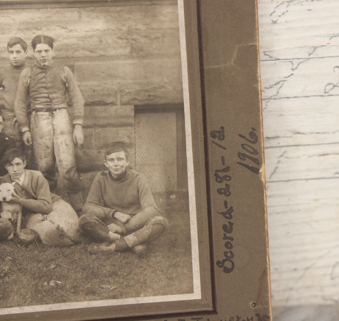 Lot 147 - Antique Boarded Photograph Of Early American Football Team Posing With Their White Pitbull Dog, With Score Information, Photo Taken In 1906 With Detailed Identification
