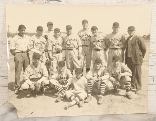 Lot 151 - Vintage Unmounted Large Format Photograph Of Coleman & Eagle Baseball Team In Uniforms Posing With Coaches And Ballboy, Wearing Very Stylish Striped Socks, Note Loss To Bottom Left
