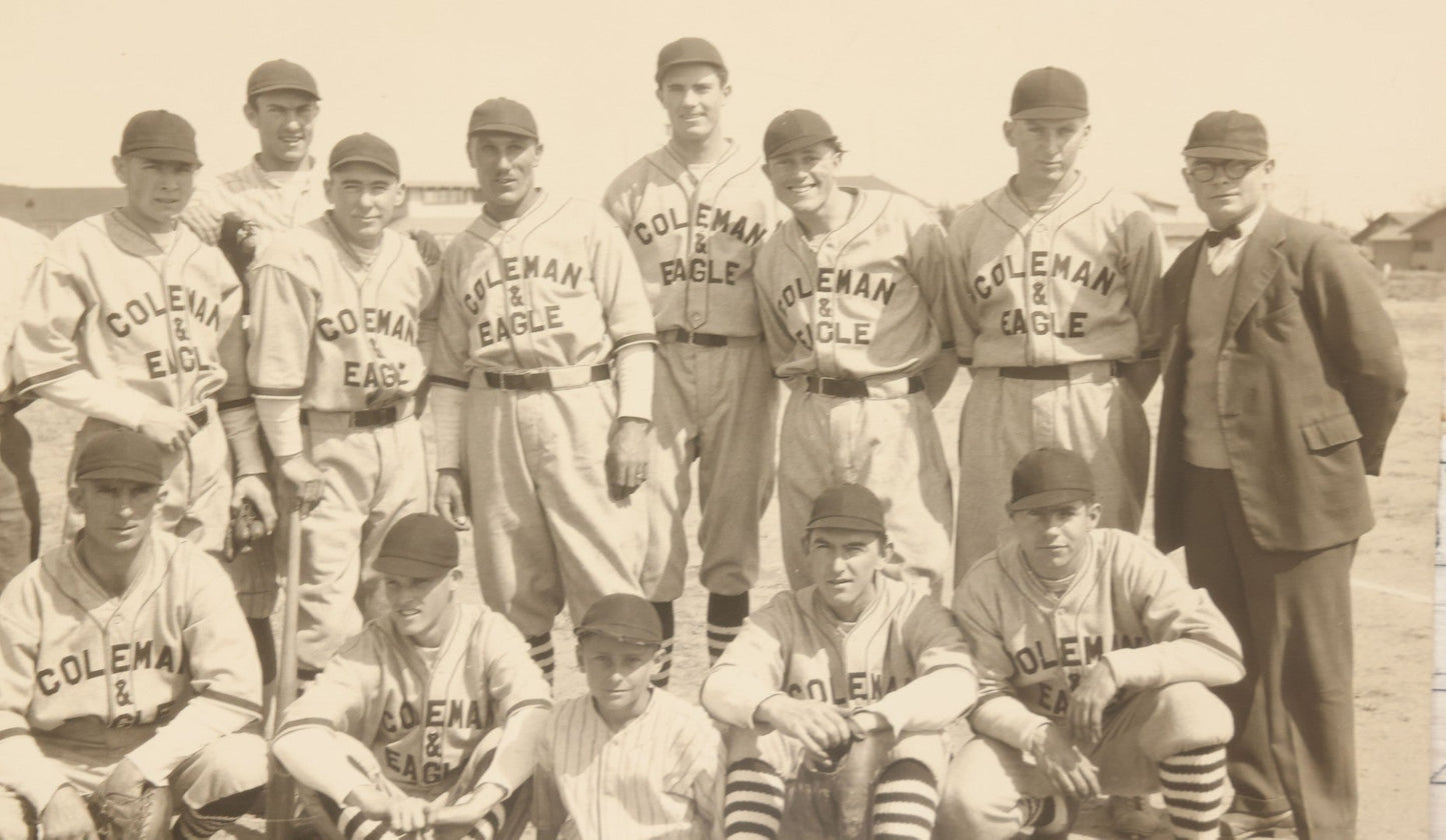 Lot 151 - Vintage Unmounted Large Format Photograph Of Coleman & Eagle Baseball Team In Uniforms Posing With Coaches And Ballboy, Wearing Very Stylish Striped Socks, Note Loss To Bottom Left