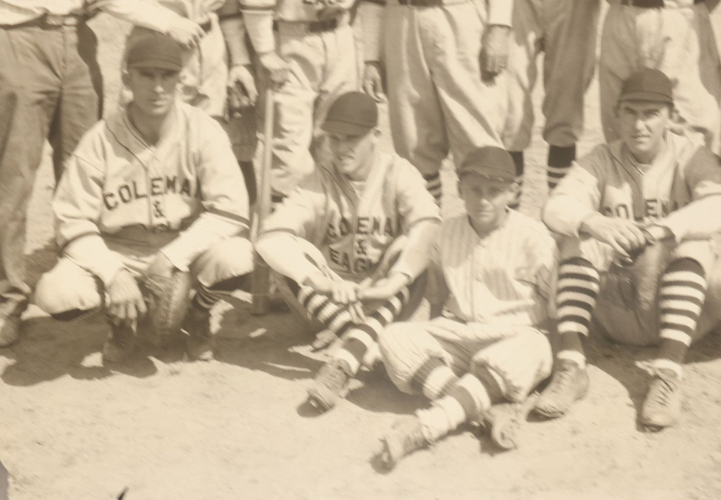 Lot 151 - Vintage Unmounted Large Format Photograph Of Coleman & Eagle Baseball Team In Uniforms Posing With Coaches And Ballboy, Wearing Very Stylish Striped Socks, Note Loss To Bottom Left
