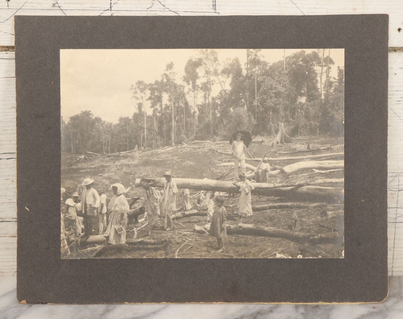 Lot 152 - Antique Boarded Photograph Of Group Of Men Women And Children Walking Through A Barren Deforested Landscape Including Tall Man Posing On Log With Parasol