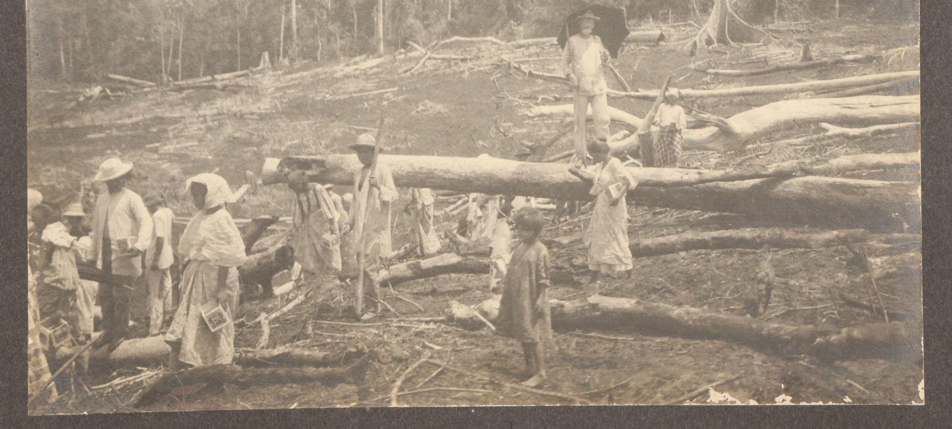 Lot 152 - Antique Boarded Photograph Of Group Of Men Women And Children Walking Through A Barren Deforested Landscape Including Tall Man Posing On Log With Parasol