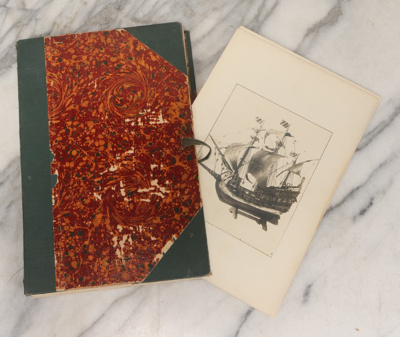 Lot 153 - "Quaint Ships Of Various Nations And Periods" Complete Antique Folio Collection Of 43 Loose Leaf Published Photographs Of Model Ships, With Identification Guide, Hand Lettered Spine, As Found