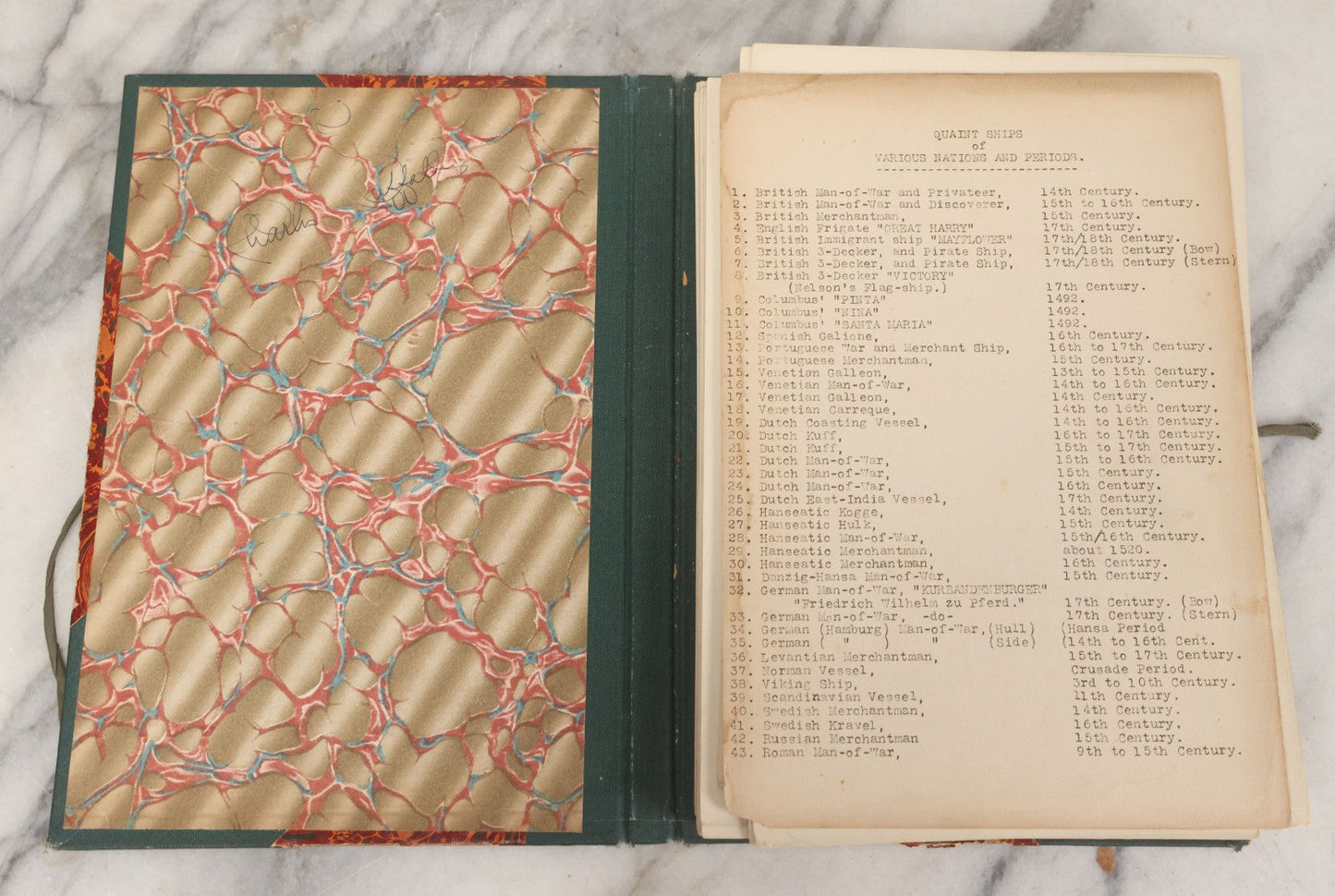 Lot 153 - "Quaint Ships Of Various Nations And Periods" Complete Antique Folio Collection Of 43 Loose Leaf Published Photographs Of Model Ships, With Identification Guide, Hand Lettered Spine, As Found