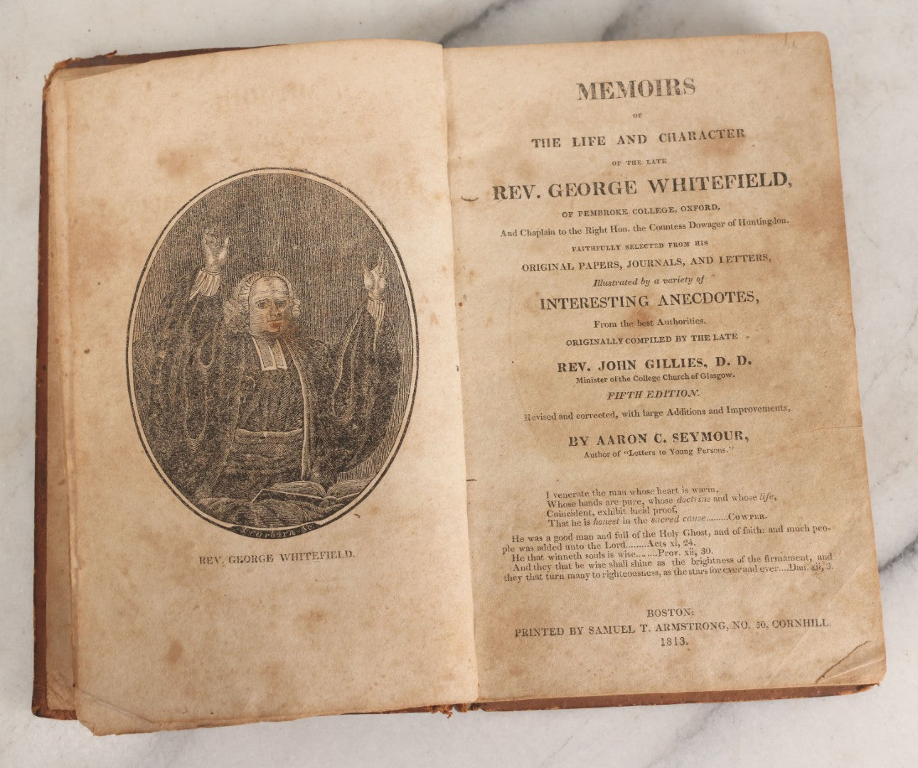 Lot 160 - "Memoirs Of The Life And Character Of The Late Rev. George Whitefield Of Pembroke College, Oxford" Compiled By Rev. John Gillies, Fifth Edition, Edited By Aaron C. Seymour, Samuel T. Armstrong, Printers, Boston, 1813, Note Cover Mostly Detached