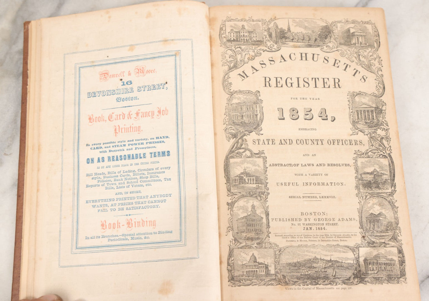Lot 163 - "Massachusetts Register For The Year 1854" Antique Book Of Laws And Useful Information Including Numerous Detailed Advertisements And Graphics, George Adams, Publisher, Boston