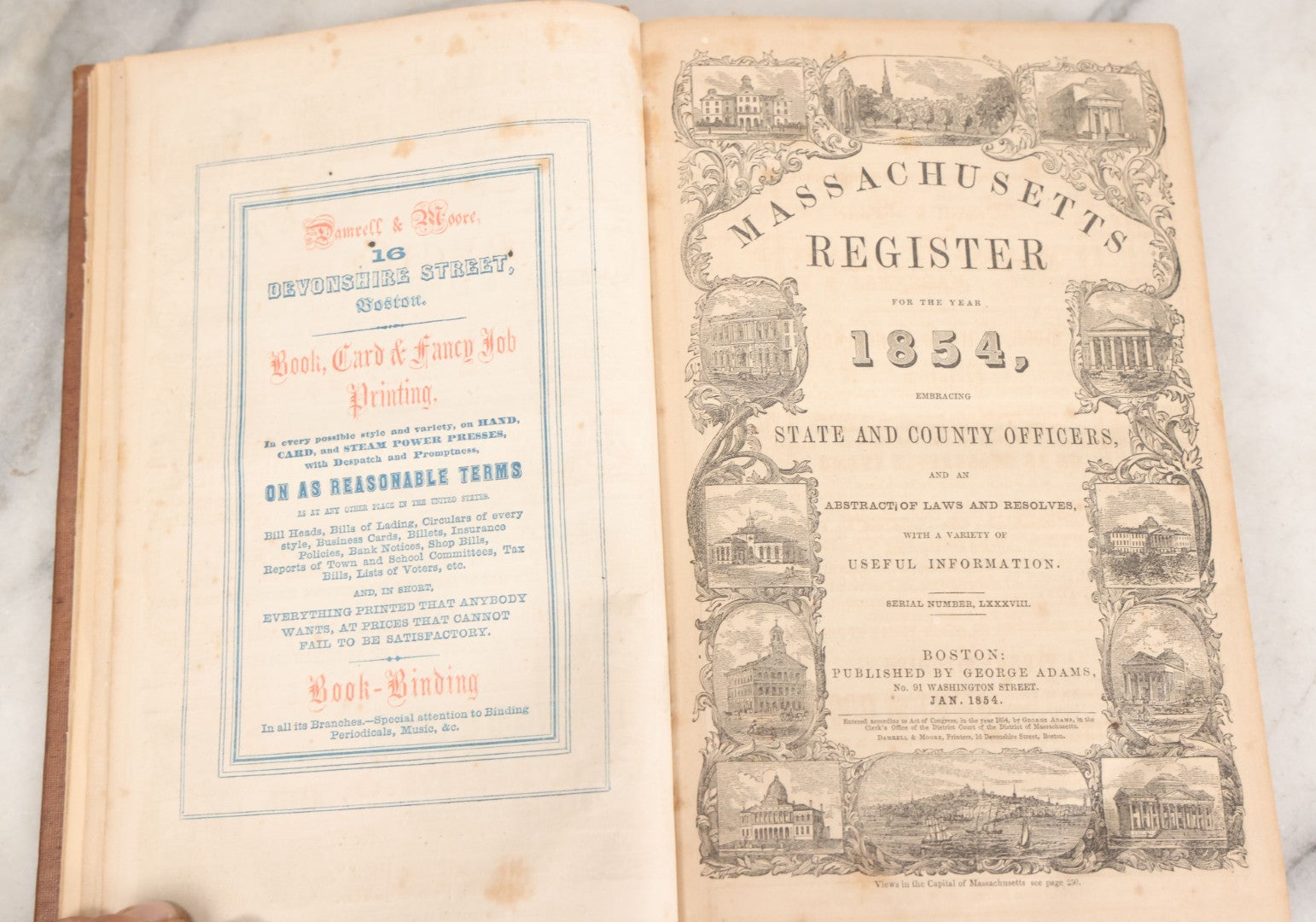 Lot 163 - "Massachusetts Register For The Year 1854" Antique Book Of Laws And Useful Information Including Numerous Detailed Advertisements And Graphics, George Adams, Publisher, Boston
