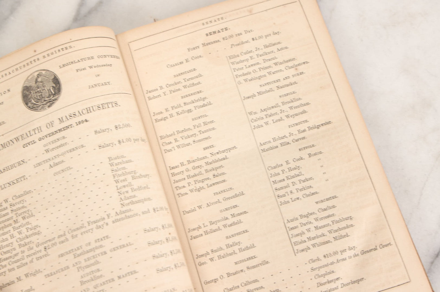 Lot 163 - "Massachusetts Register For The Year 1854" Antique Book Of Laws And Useful Information Including Numerous Detailed Advertisements And Graphics, George Adams, Publisher, Boston