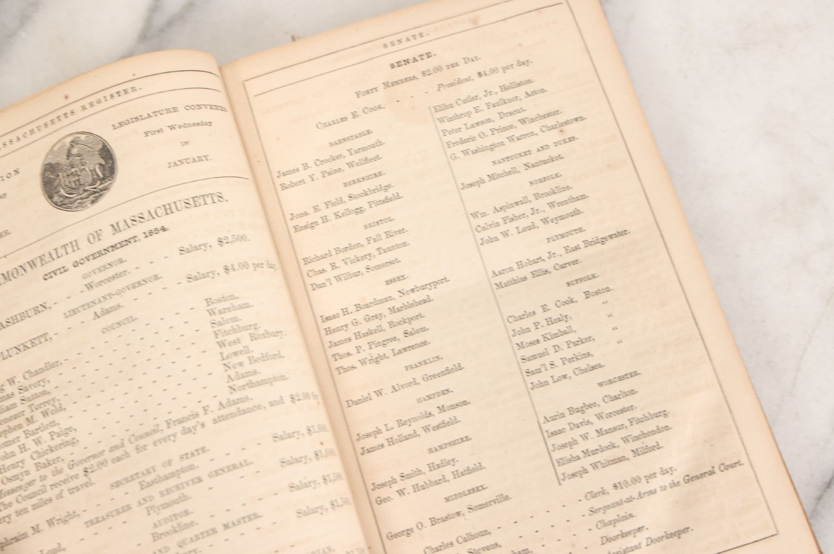 Lot 163 - "Massachusetts Register For The Year 1854" Antique Book Of Laws And Useful Information Including Numerous Detailed Advertisements And Graphics, George Adams, Publisher, Boston