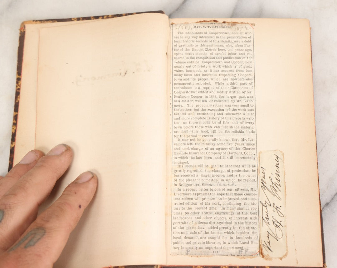 Lot 165 - "Cooper And Cooperstown" Antique Book On Cooperstown, New York By Rev. S.T. Livermore, Van Benthuysen Printing House, Publishers, Albany, 1862