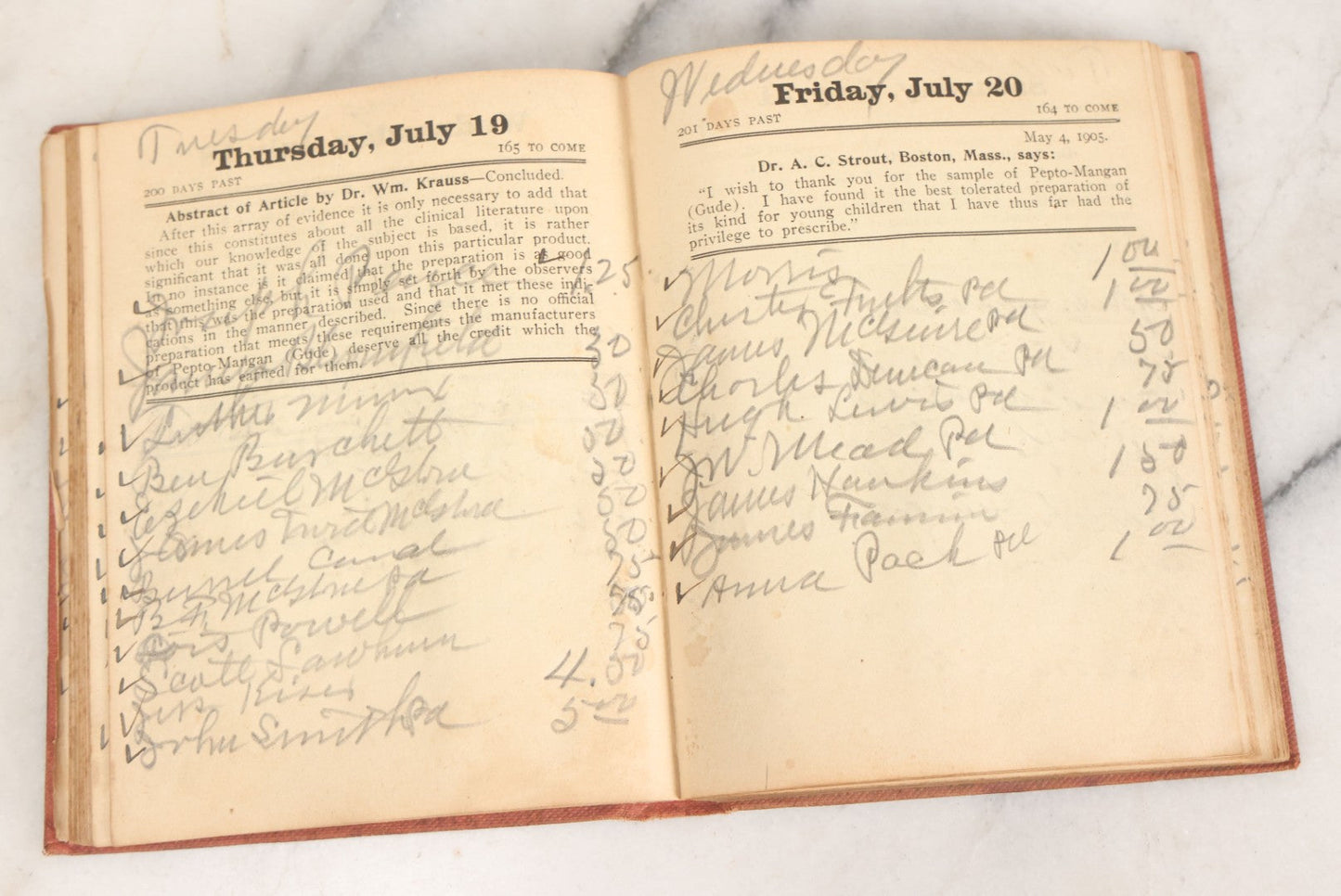 Lot 167 - "Physicians Daily Memorandum For 1906" Antique Doctor's Notebook, Repurposed For 1921, With Handwritten Notes, Advertisement For Pepto-Mangan, Compliments Of M.J. Breitenbach Company, New York City 
