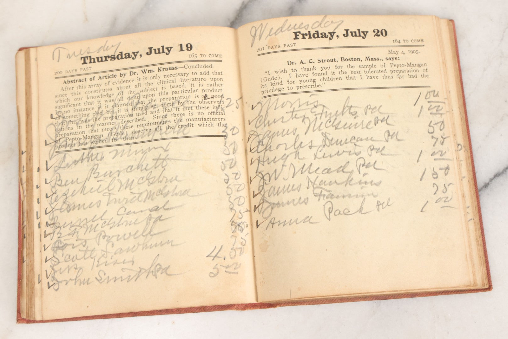 Lot 167 - "Physicians Daily Memorandum For 1906" Antique Doctor's Notebook, Repurposed For 1921, With Handwritten Notes, Advertisement For Pepto-Mangan, Compliments Of M.J. Breitenbach Company, New York City 