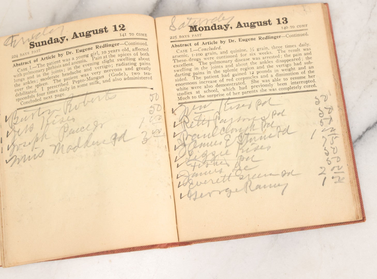 Lot 167 - "Physicians Daily Memorandum For 1906" Antique Doctor's Notebook, Repurposed For 1921, With Handwritten Notes, Advertisement For Pepto-Mangan, Compliments Of M.J. Breitenbach Company, New York City 
