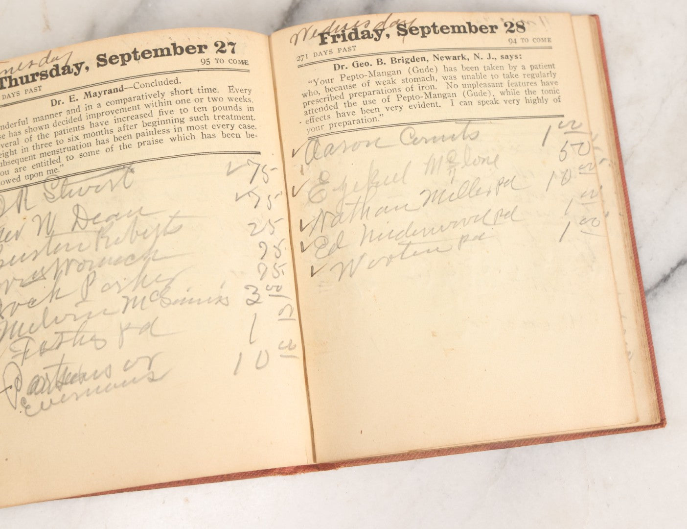Lot 167 - "Physicians Daily Memorandum For 1906" Antique Doctor's Notebook, Repurposed For 1921, With Handwritten Notes, Advertisement For Pepto-Mangan, Compliments Of M.J. Breitenbach Company, New York City 