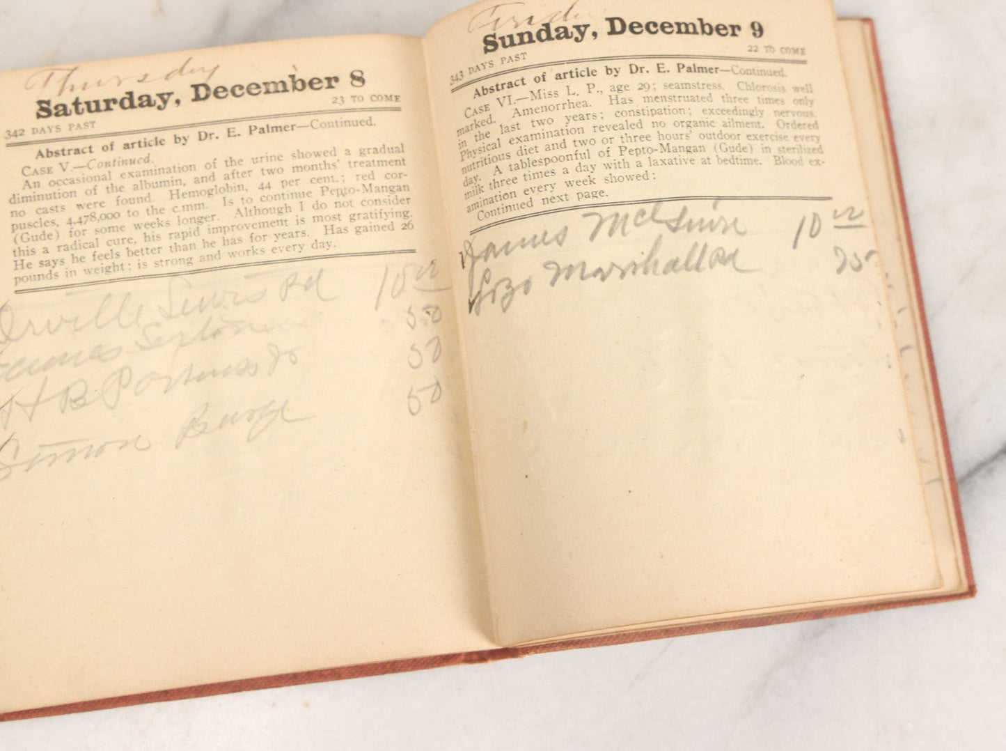 Lot 167 - "Physicians Daily Memorandum For 1906" Antique Doctor's Notebook, Repurposed For 1921, With Handwritten Notes, Advertisement For Pepto-Mangan, Compliments Of M.J. Breitenbach Company, New York City 
