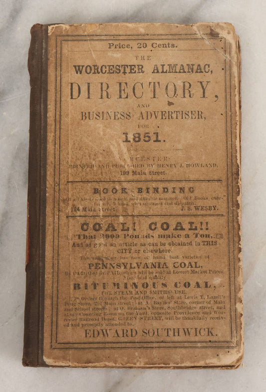 Lot 169 - "The Worcester Almanac And Business Directory For 1851" Antique Almanac By Henry J. Howland, With Fold Out Map Of Central Worcester, Printed And Published By The Author