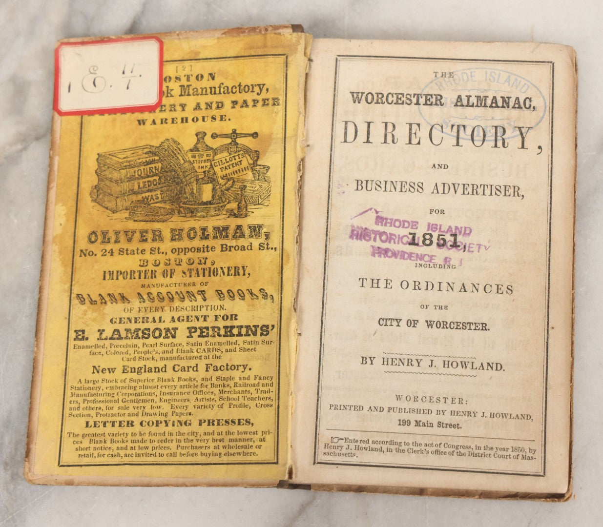 Lot 169 - "The Worcester Almanac And Business Directory For 1851" Antique Almanac By Henry J. Howland, With Fold Out Map Of Central Worcester, Printed And Published By The Author
