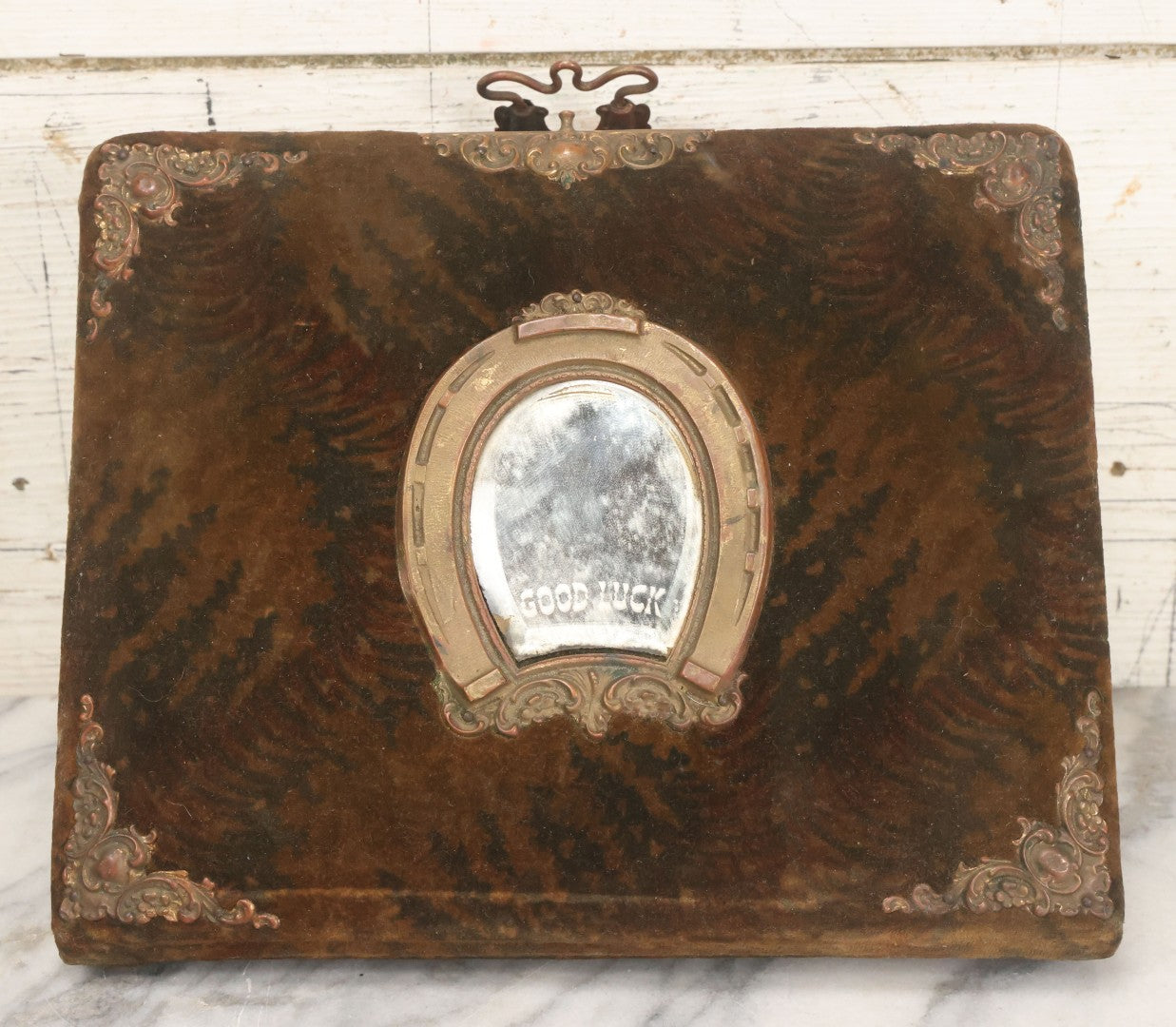 Lot 172 - Antique Victorian Portrait Photo Album With Good Luck Horseshoe Beveled Glass Mirror Cover, 30+ Cabinet Card Photographs, Assorted Loose Photos, Note Has Heavy Musty Smell