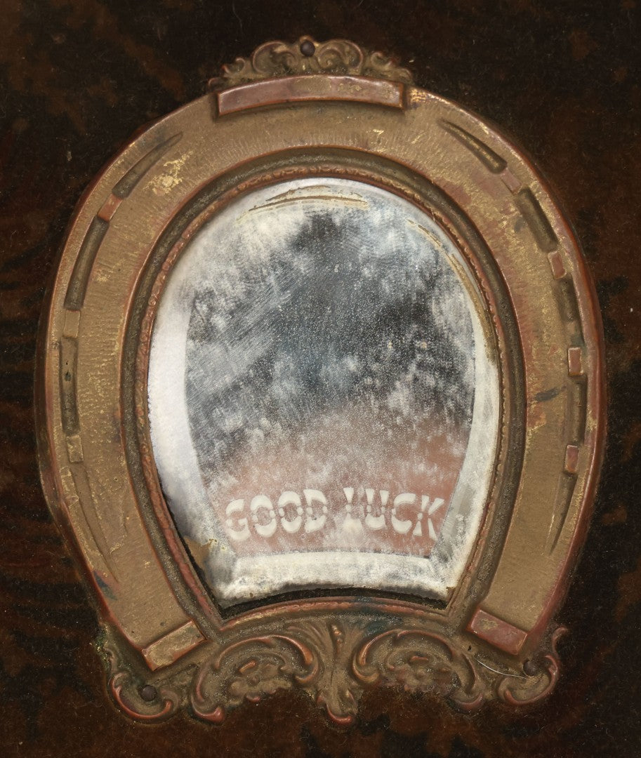 Lot 172 - Antique Victorian Portrait Photo Album With Good Luck Horseshoe Beveled Glass Mirror Cover, 30+ Cabinet Card Photographs, Assorted Loose Photos, Note Has Heavy Musty Smell