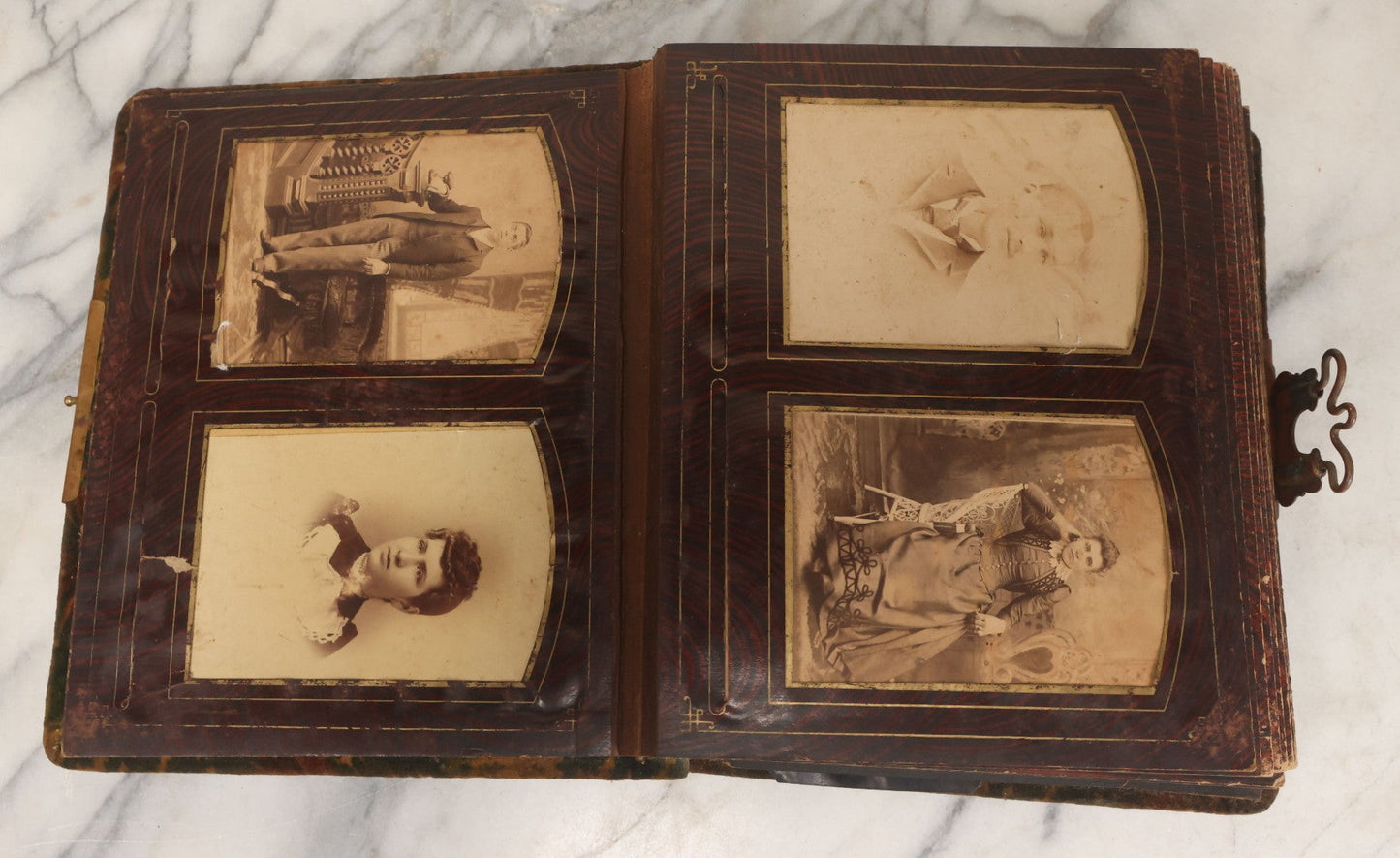 Lot 172 - Antique Victorian Portrait Photo Album With Good Luck Horseshoe Beveled Glass Mirror Cover, 30+ Cabinet Card Photographs, Assorted Loose Photos, Note Has Heavy Musty Smell