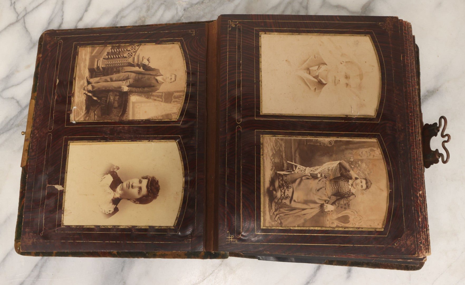 Lot 172 - Antique Victorian Portrait Photo Album With Good Luck Horseshoe Beveled Glass Mirror Cover, 30+ Cabinet Card Photographs, Assorted Loose Photos, Note Has Heavy Musty Smell
