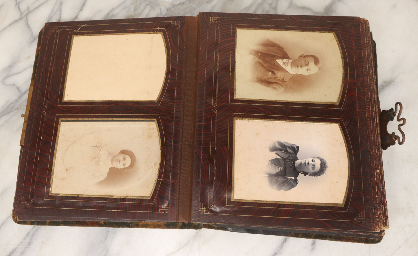 Lot 172 - Antique Victorian Portrait Photo Album With Good Luck Horseshoe Beveled Glass Mirror Cover, 30+ Cabinet Card Photographs, Assorted Loose Photos, Note Has Heavy Musty Smell